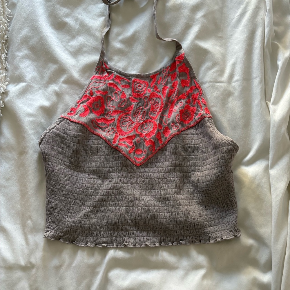 Intimately Free People Gray Crop Top with Coral/ Pink Floral Design
